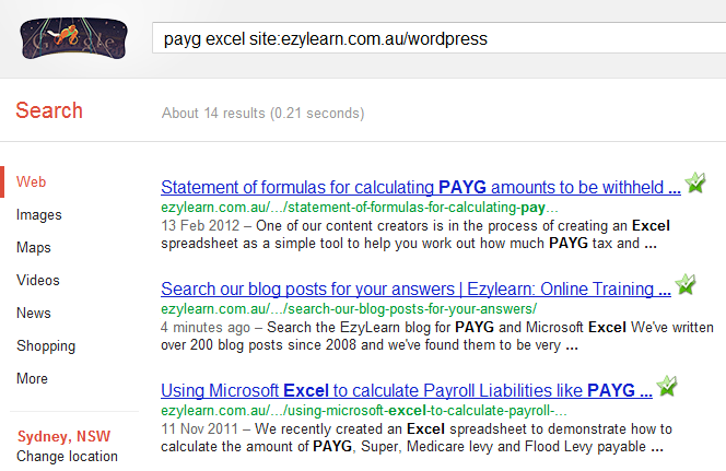 Use Google Site search to find PAYG and Microsoft Excel info