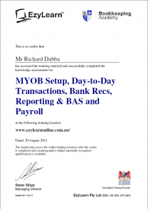 MYOB training course certificate for your resume