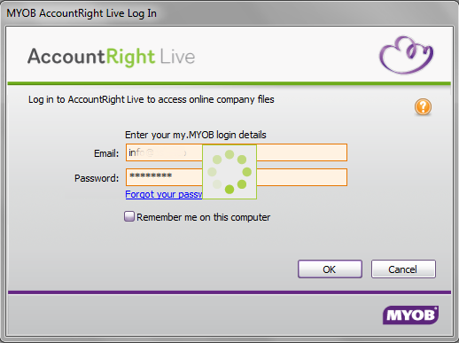 MYOB AccountRight Sign In Screen for MYOB Training Course