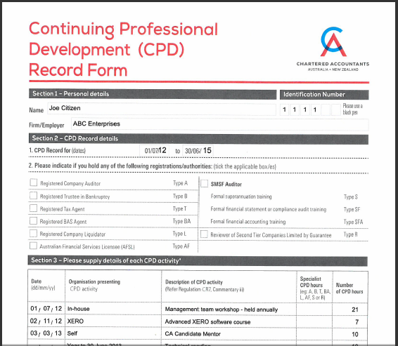 Continuing professional development CPD record form for accountants and bookkeepers from Chartered Accountants Australia