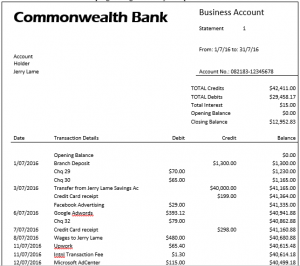 Bank Statement for Bank Reconciliation Courses in MYOB, Quickbooks and Xero