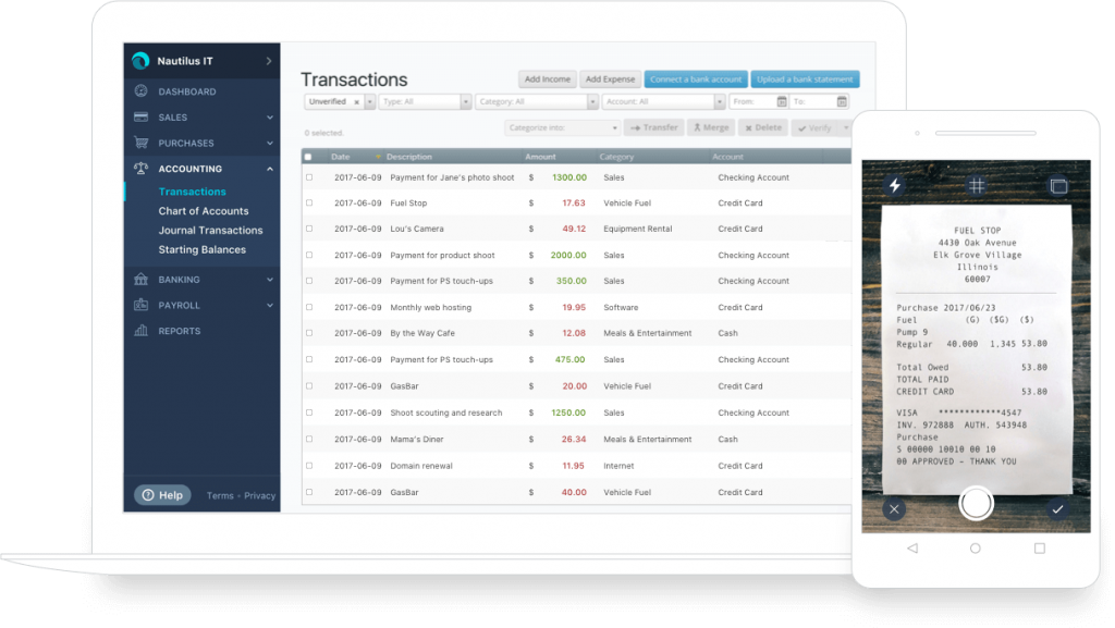 WaveApps Transaction journal in the free accounting software competitors to Xero, QuickBooks Online and MYOB with receipt scanning built in