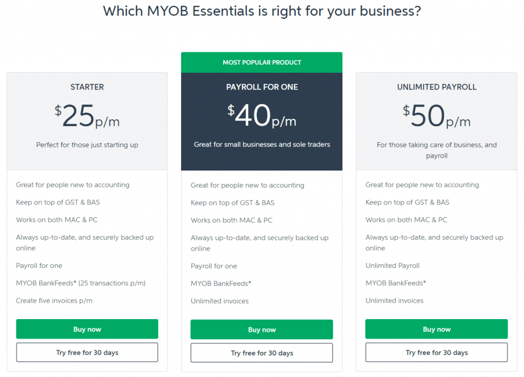 MYOB Essentials Pricing as of February 2018 - online training courses