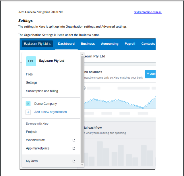 Xero short courses, training courses updates - new navigation released in November 2018 - Dashboard, Business, Accounting, Organisation