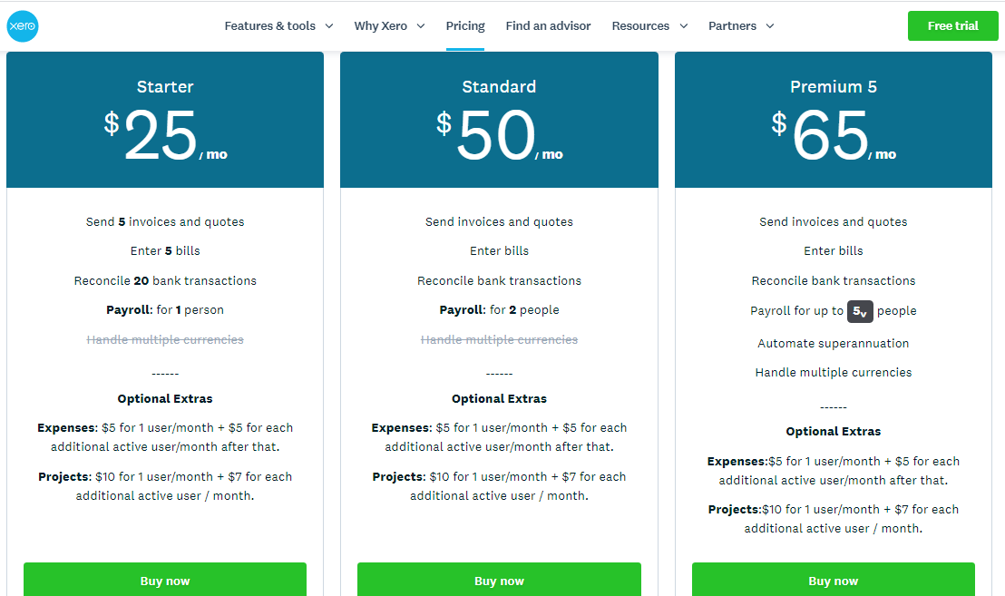 Xero Accounting Pricing Comparison shows extra for Projects and Expenses - Online Training Courses & Advanced Xero Certificate