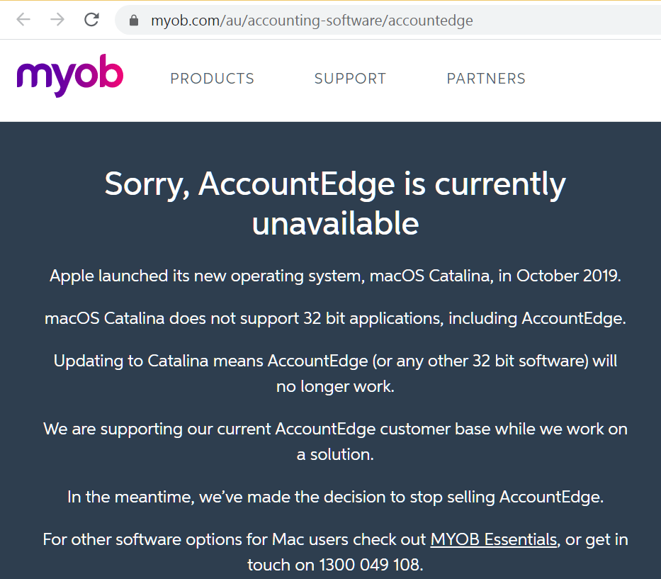 MYOB AccountEdge is currently unavailable - Apple Catalina made MYOB promote MYOB Essentials Online training courses