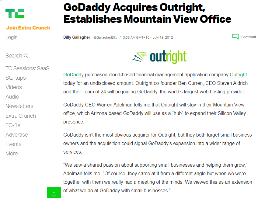 TechCrunch writes GoDaddy thinks accounting software (competes with Xero) is logical for small businesses - online training courses