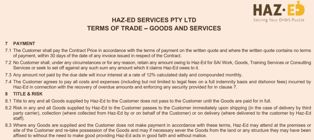 Examplar terms of trade agreement from Haz-Ed Services