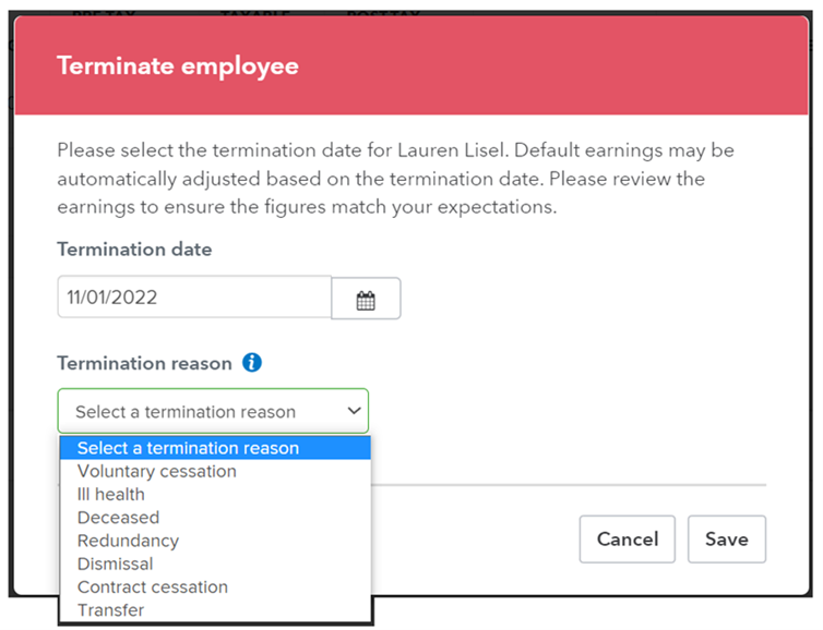 STP for QuickBooks - categories for termination of employee