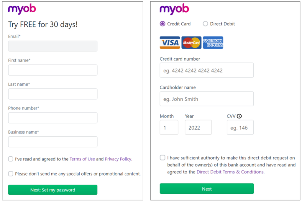 MYOB free trail sign up process