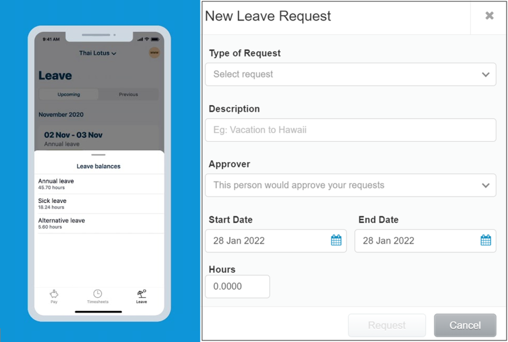Xero My Payroll and Xero Me leave request options