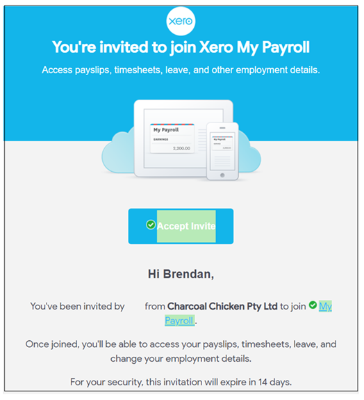 employee invitation to join Xero My Payroll
