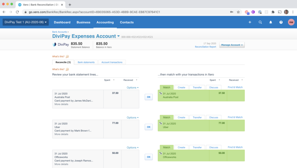 DiviPay mapping chart of accounts in Xero