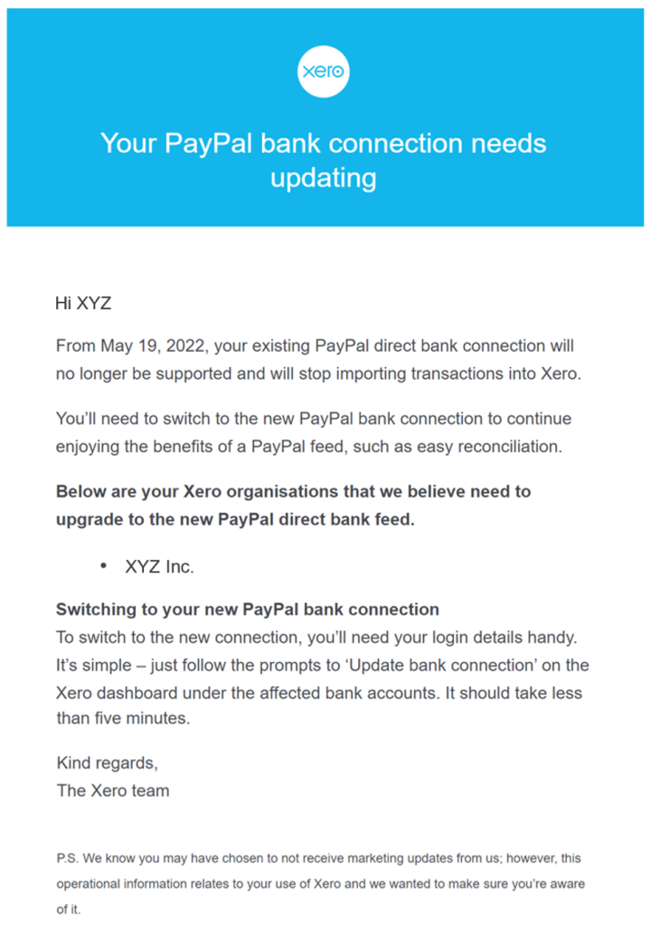 PayPal bank connection update email from Xero