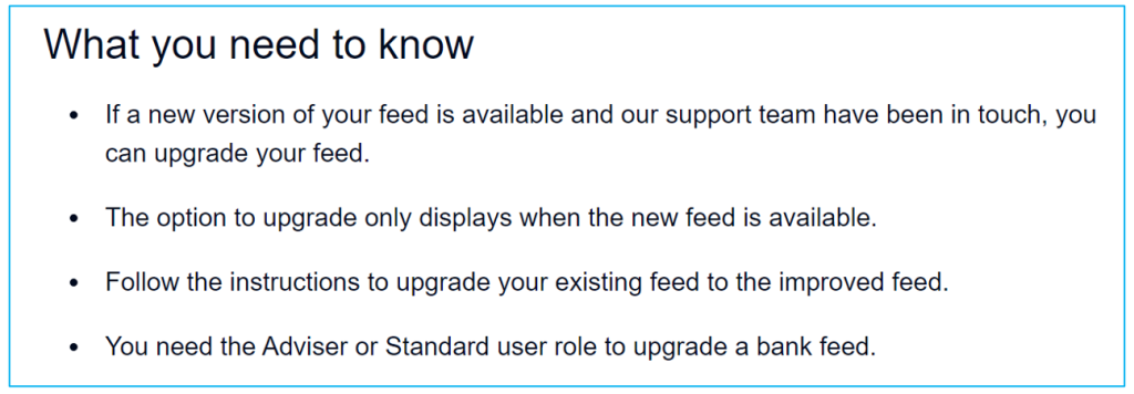 bank feeds upgrade information from Xero