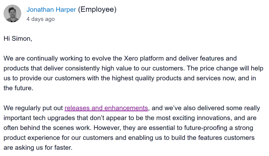 Xero prices response from company
