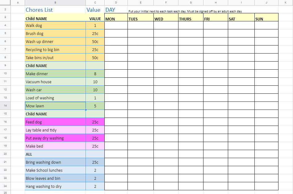 Weekly and Daily Chores for Kids using Value-based rewards - Online Microsoft Excel Training Courses