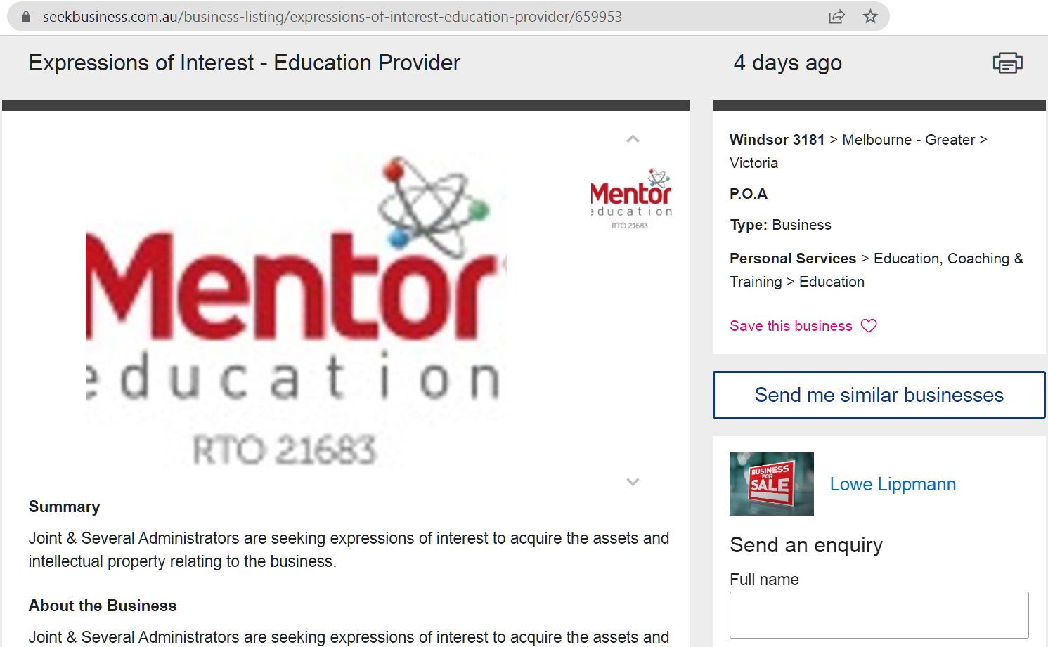 Mentor Education is going broke and is for sale at Seek Business