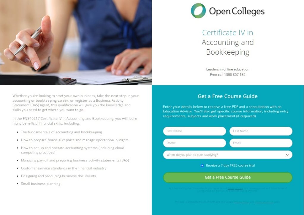 Open Colleges Google Ads landing page for lead capture for Cert IV in Bookkeeping and Accounting digital marketing - EzyLearn