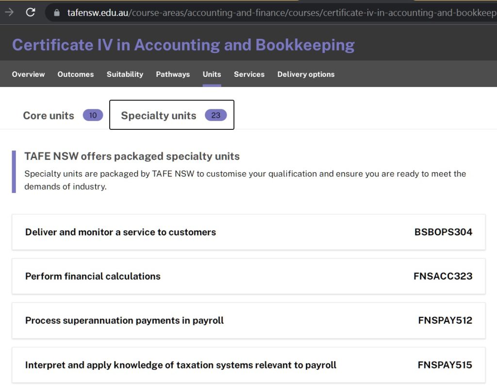 TAFE NSW landing page for Cert IV in Bookkeeping and Accounting shows 23 electives - EzyLearn