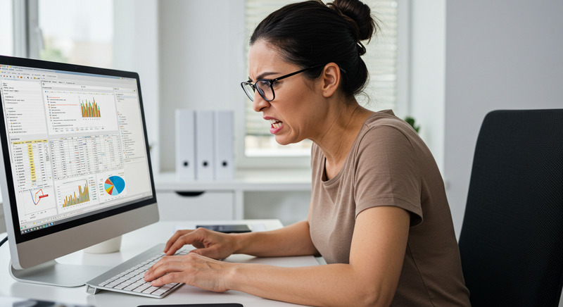 AI middle aged lady getting angry trying to use Microsoft Excel on a computer showing the spreadsheet - Excel Courses 800x436